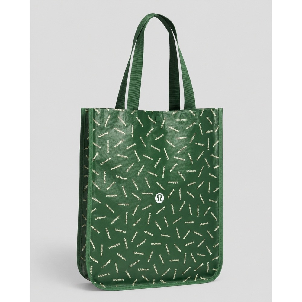 Lululemon Reusable Shopper Tote Bag Forest Green Logo Print Large Snap Closure